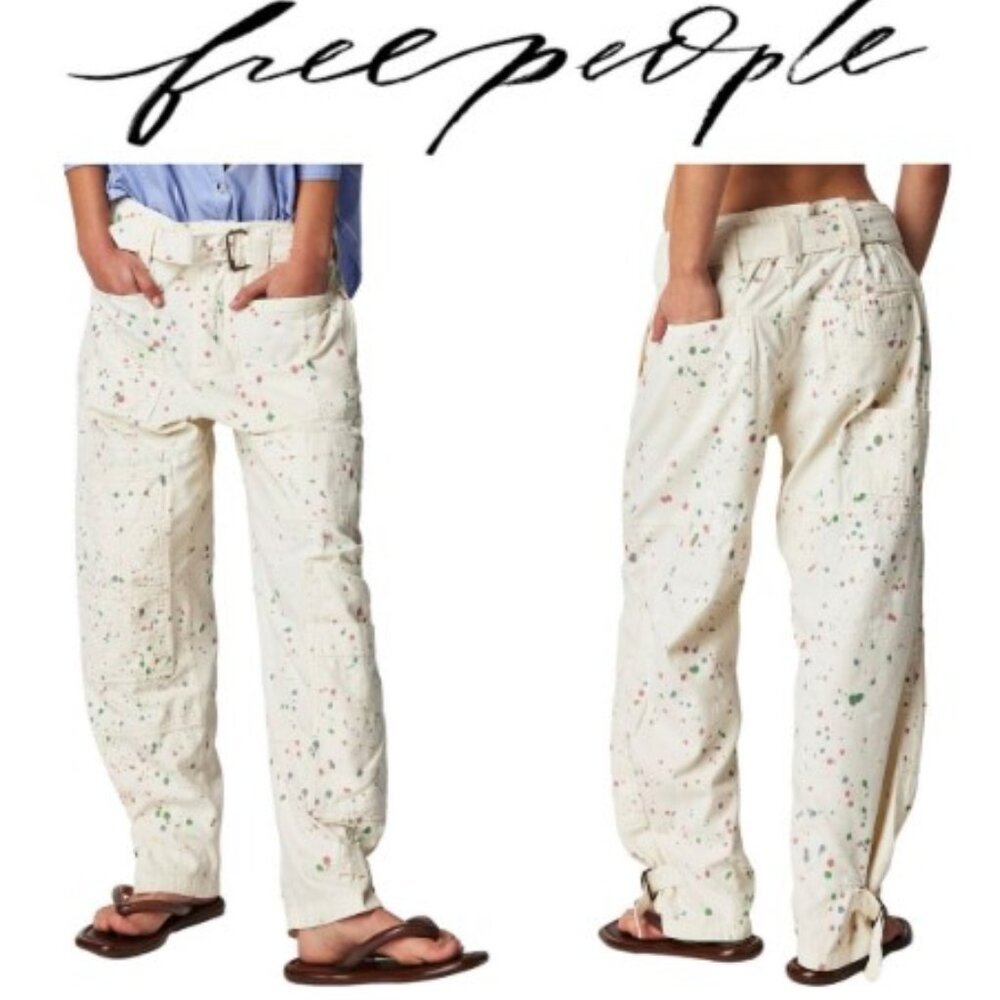 Free People Cream Splatter Straight Leg Pants